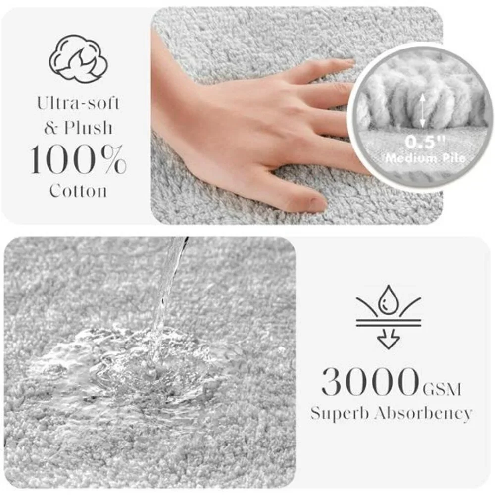 Grey Cotton Bath Mat 21x34 Reversible Plush Bathroom Rug Soft Absorbent Quick Dr